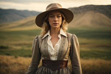 A woman wearing a stylish hat standing gracefully in a beautiful field