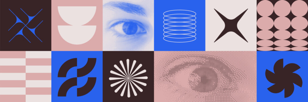 Abstract Bauhaus Geometric Pattern Vector Design. Cool Swiss Design Background. Halftone Eye. Contemporary Geometrical Artwork.