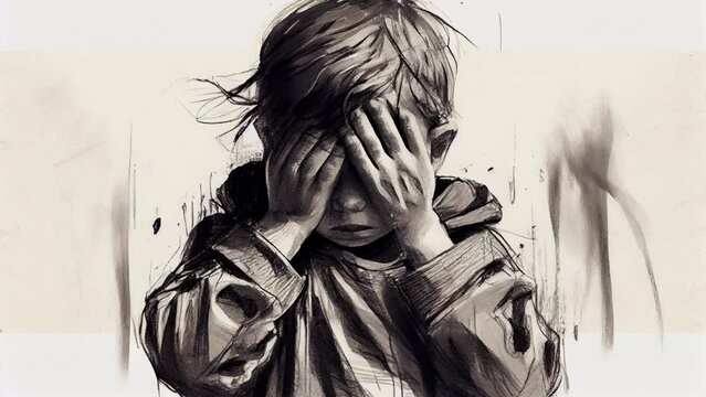 boy covering his face because of anxiety and sadness. hand drawn animation. endless loop.