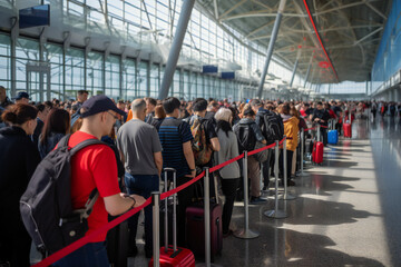 People at airport, waiting in line