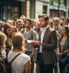 A young professor addresses a group of his students on the street