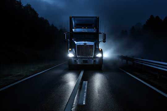 Truck driving on road in rain, at night