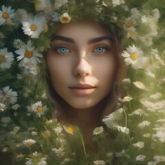 A portrait of a person with eyes that hold the calming essence of a serene meadow, evoking peace and tranquility3