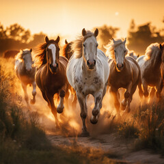 A herd of wild horses runs across a field