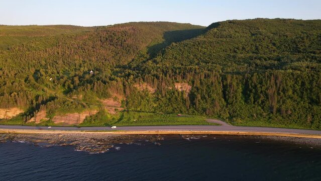 Aerial view of a coastal road at sunset in Gasp&eacute;sie Qu&eacute;bec