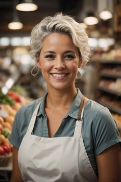 A 40 years old woman store worker smiles. White short hairs. Retail store, grocery, bakery, pharmacy. Lady with an apron working in the market. Image created using artificial intelligence.