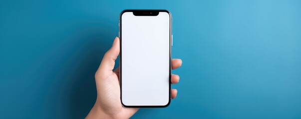 BLANK SCREEN SMARTPHONE MOCKUP, Mock-up, Template, Sample, Blue background, Hand. Young male hand holding a smartphone model in vertical position with blank screen. Close-up on it and frontal view.