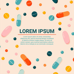 Colorful pills banner background. Trendy hand drawn medicaments on a beige background. Healthcare concept. Banner, card, poster, social media template. Modern vector illustration.