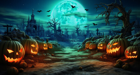 Fototapeta na wymiar Jack O' Lanterns In Graveyard In The Spooky Night - Halloween Backdrop. Generative AI.