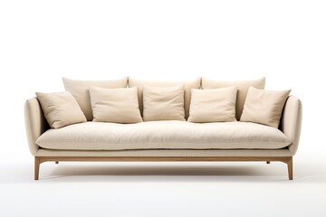 Front view of a light beige fabric sofa with 3 seats and a white background, accompanied by a pillow.