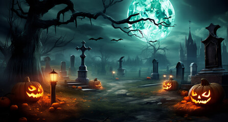 Jack O' Lanterns In Graveyard In The Spooky Night - Halloween Backdrop. Generative AI.