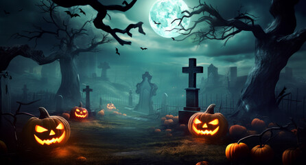 Fototapeta premium Jack O' Lanterns In Graveyard In The Spooky Night - Halloween Backdrop. Generative AI.