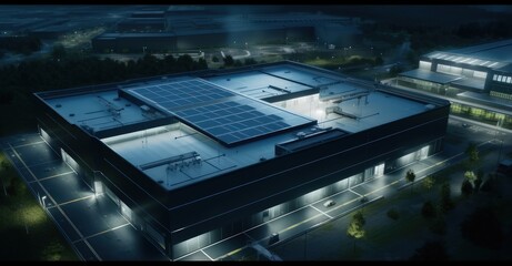 Aerial view of data center with energy currents.