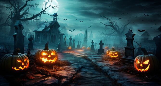 Jack O' Lanterns In Graveyard In The Spooky Night - Halloween Backdrop. Generative AI.