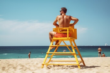 Male lifeguard sitting on chair on beach looking in binoculars. Man lifesaver on tower at seashore. Safety rescuer and sea help - obrazy, fototapety, plakaty