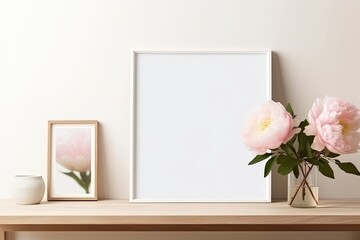 Empty picture frame mockup on beige wall in a living room with wooden table, old chair, and pink peonies in a glass vase. Elegant home office concept.