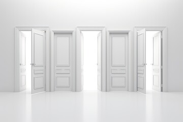 Assorted white doors opening, white background. 3D render. Includes clipping path.