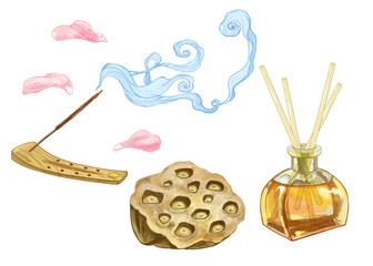 Lotus and aromatherapy. Dry lotus, flower petals. Incense stick burns and smokes on a stand. A bottle with a golden-colored fragrant liquid and sticks in it. Set of illustrations for aromatherapy