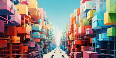 3D FUTURISTIC HOTEL. Architectural project, Colorful architecture, Three-dimensional colored building. In a colorful world buildings are made using colored materials. Urbanscape in the background. - obrazy, fototapety, plakaty