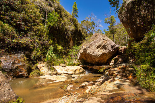 Isalo National Park in Ihorombe Region. Wilderness landscape with water erosion into rocky outcrops, plateaus, extensive plains and deep canyons. Beautiful Madagascar landscape.