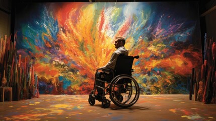A disabled artist in a wheelchair in an art studio draws a picture with paints. Creativity without boundaries and stereotypes.