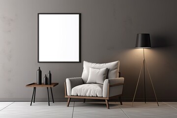 a modern grey room with brown decor, featuring a mockup poster frame.