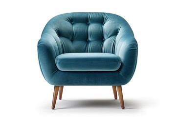 Blue velvet art deco armchair with wooden legs, isolated on white background. Front view, grey shadow. Collection of furniture.