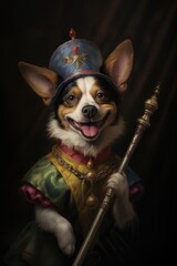 Dog, Jester, 1500 portrait, Minstrel, Tongue, Poster, Wallpaper, Reinassance, Medieval. MINSTREL DOGGY. Court jester doggy with cute paws, open mouth, blue hat showing his tongue. - obrazy, fototapety, plakaty