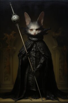Portrait, Gloomy animal creature, Bat vampire monster, Black, Dark, Inquisitor. THE VAMPIRE INQUISITOR. 3D portrait of a bat inquisitor in pure 1500 Renaissance style. Black gloomy suit. Gray scepter.