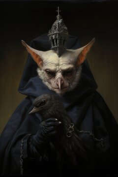 Portrait, Gloomy animal creature, Bat vampire monster, Black, Dark, Crow. THE ANIMAL VAMPIRE. A monster creature in Medieval style. Black uniform. A crow with chain in his clutches. Black crown.