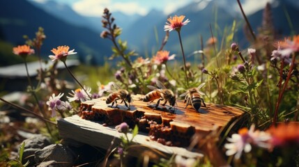 A beautiful bee hive in a flower meadow, blue pink red and white flowers, river flowing nearby, lush green mountains in the background, - obrazy, fototapety, plakaty