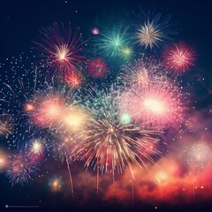 Fototapeta premium Generative AI of Festival fireworks banner frame. Abstract colorful firework display for holiday and celebrations in the starry night sky, Copy space for text, New Year holiday concept