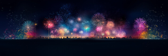 Generative AI of Festival fireworks display over the city at night scene. Abstract colorful firework display for holiday and celebrations in the starry night sky, Copy space for text. - obrazy, fototapety, plakaty