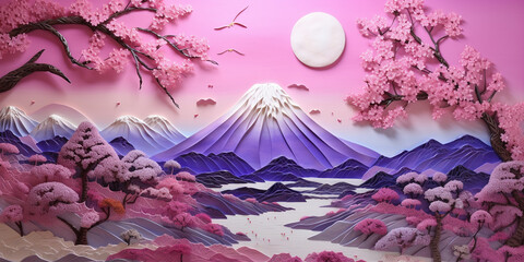 Mount Fuji and cherry blossoms which are viewed from Japan landscape purple and pink sky, some stars and the full moon, tres blossom. Generative AI of  Bas relief paper sculpture - obrazy, fototapety, plakaty