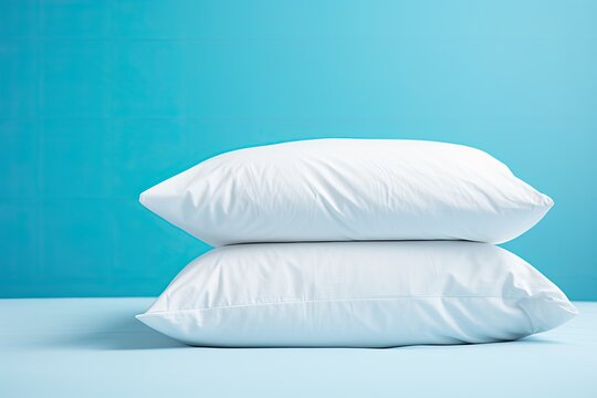 White bedding stacked on blue background for advertising, commercial use, and mock up.