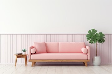 Empty white room with pastel pink sofa, wooden furniture, and green plant mockup.