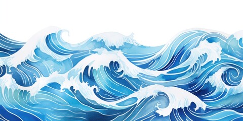 WATERCOLOR TURBOLENT WATERS, Waves, pattern, troubled ocean, Blue texture, Wallpaper, Background. Clear and fresh blue water of a sea or ocean with range of blue shades. Wave motion sensation.