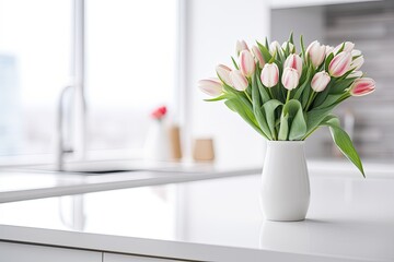 White kitchen with Scandinavian design, tulip bouquet on table, representing home comfort and International Womens Day on March 8.