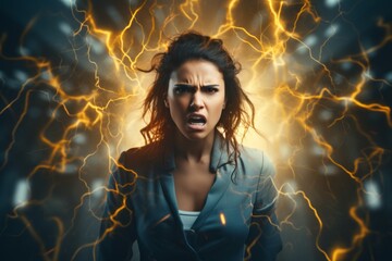 Young angry woman stands among lightning bolts and is nervous about problems affecting profit of company. Angry businesswoman closes eyes and clenches fists feeling hatred and annoyance - obrazy, fototapety, plakaty