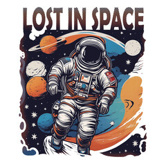 cartoon astronaut lost in space graphic design, illustration artwork for direct to garment printing and print on demand. Such as t shirts, stickers, art prints, wall arts etc.
