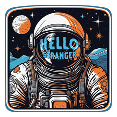 astronaut portrait (hello stranger) graphic design, illustration artwork for direct to garment printing and print on demand. Such as t shirts, stickers, art prints, wall arts etc.