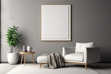 Empty frame on grey wall, showcasing artwork in modern interior. Home staging and minimalism.