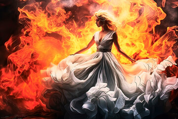 Blonde woman in a swinging white dress in front of a surreal wall of fire, made with generative ai