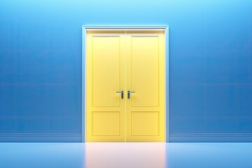 Yellow light passing through open double door isolated on blue background, represents architectural design element, modern minimal concept, metaphor for opportunity or hope.