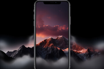 A smartphone on a mountain background at night