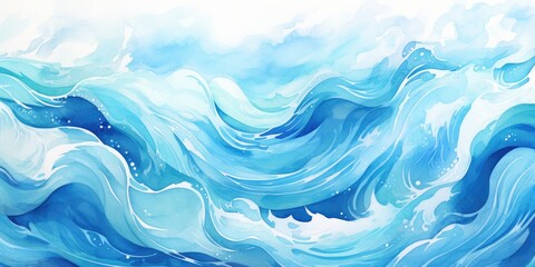 WATERCOLOR ROUGH WATERS, Waves, pattern, Choppy sea, Blue texture, Wallpaper, Background. Clear and fresh blue foamy water of a sea or ocean with range of blue shades. Wave motion sensation.
