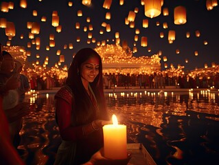 A portrait of happy Indian woman surrounded with lit floating lamps lanterns during Diwali festival. Thousands of Indian paper flying lanterns in night sky.