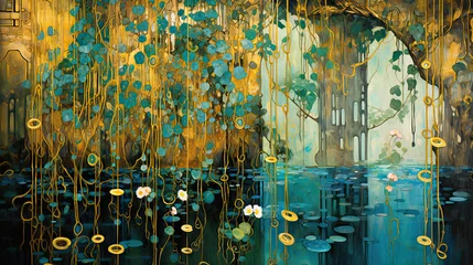 Foto op Plexiglas Beautiful nature scene with reflection on the water and a spot of sunlight shining through the hanging branches. High resolution panoramic wall art in art nouveau style. © Marja