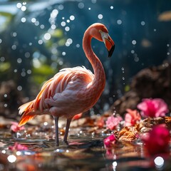 Fototapeta premium Pink flamingo in the water among plastic bottles and garbage. concept: birds and pollution of nature and water bodies. Illustration for the call for environmental protection. 