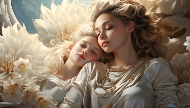 A tender daughter with her mother sleeps in beautiful large flowers, a beautiful woman with a girl in a trendy style of flowers. Made in AI